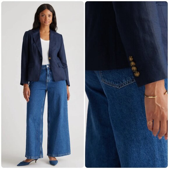 Quince European 100% Linen Structure Blazer Women Large Black Preppy Office Goth - Picture 3 of 16